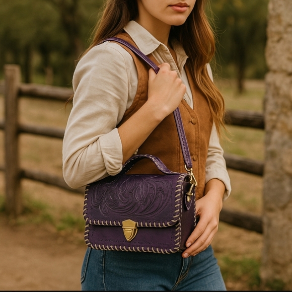 Handmade Handbags - Purple Embroidered Leather Handbag